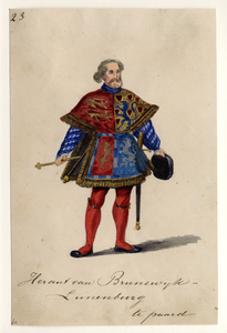 32718 Afbeelding van een kostuumontwerp van een heraut van Brunswijk - Lunenburg, figurant in de maskerade van de ...